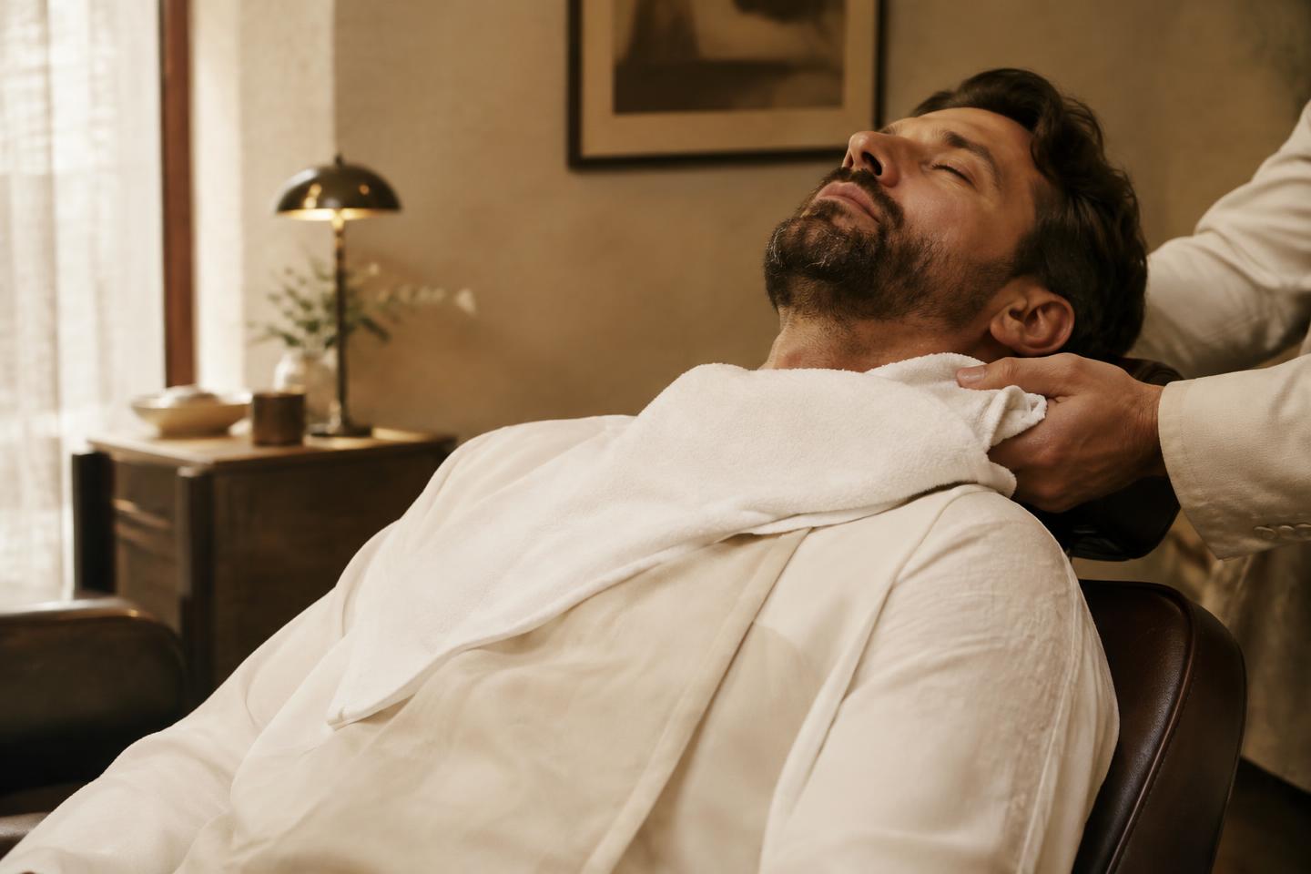 A client reclining under a warm towel